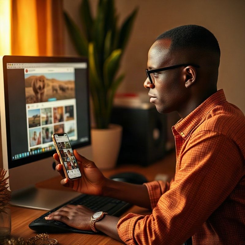 Social media manager scheduling posts in a warmly lit Eldoret workspace