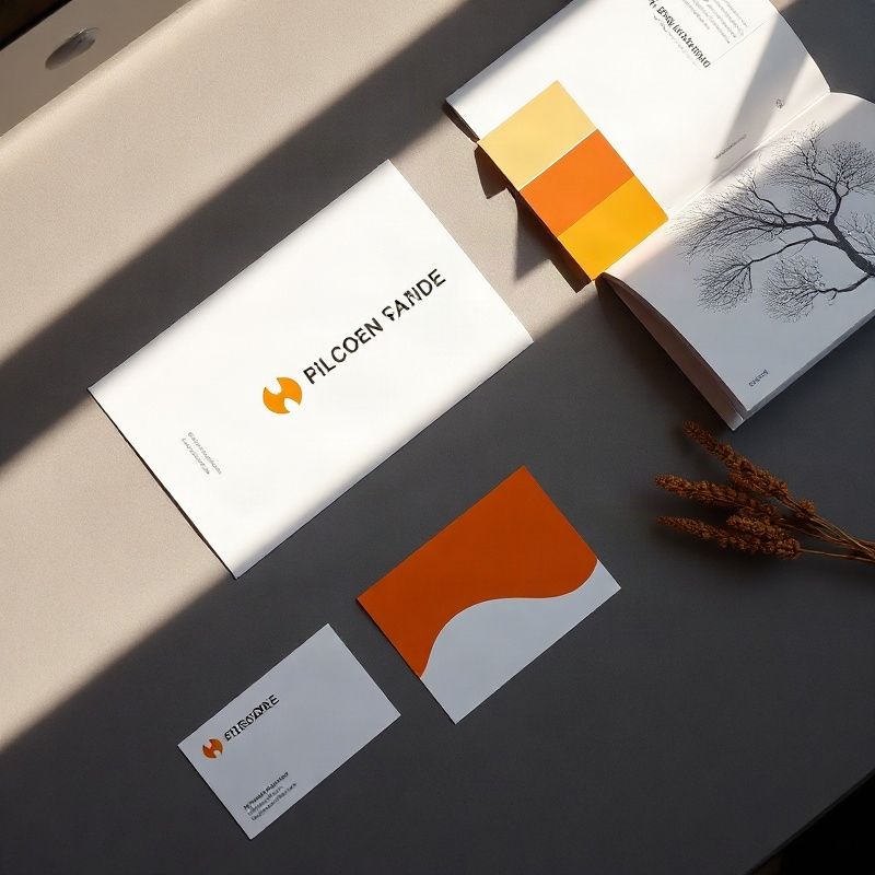 Flat-lay of brand identity deliverables on a slate-grey desk with ochre accents