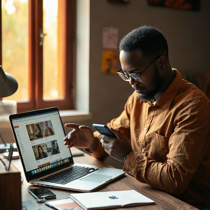 Kenyan web designer reviewing a site on laptop and phone at a slate-toned desk